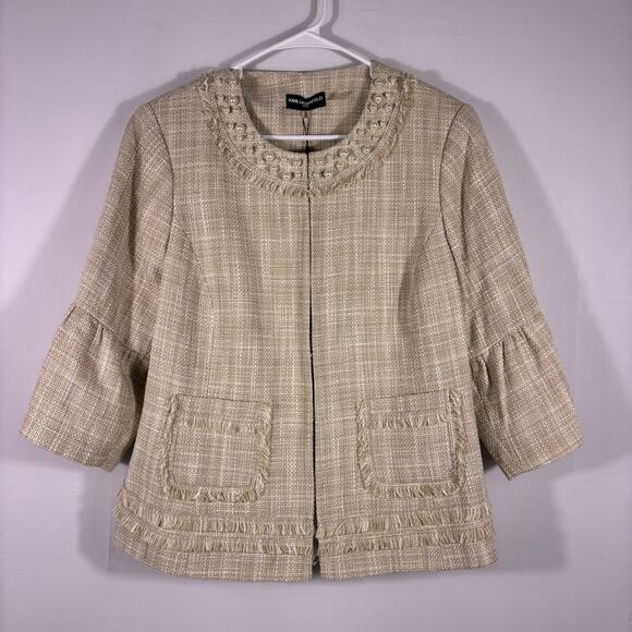Karl Lagerfeld Jackets & Blazers - NWT Karl Lagerfeld Tweed Beige Bell Sleeve Women's Blazer Pearl Trim Size 14W C1